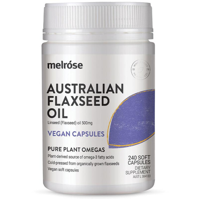 Melrose Organic Flaxseed Vegan 500mg 240 Capsules front image on Livehealthy HK imported from Australia