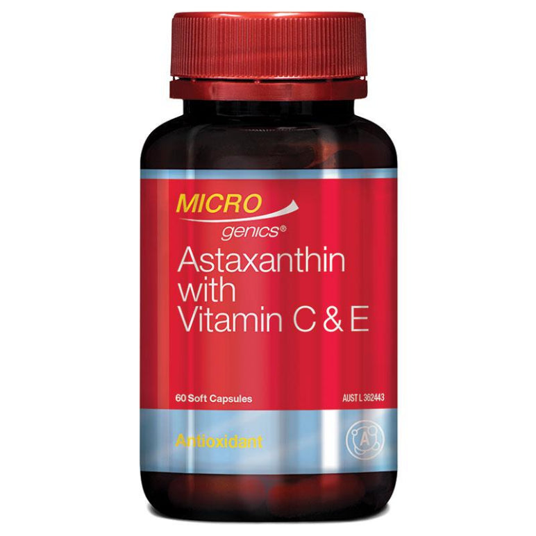 Microgenics Astaxanthin High Strength With Vitamin C & E 60 Capsules front image on Livehealthy HK imported from Australia