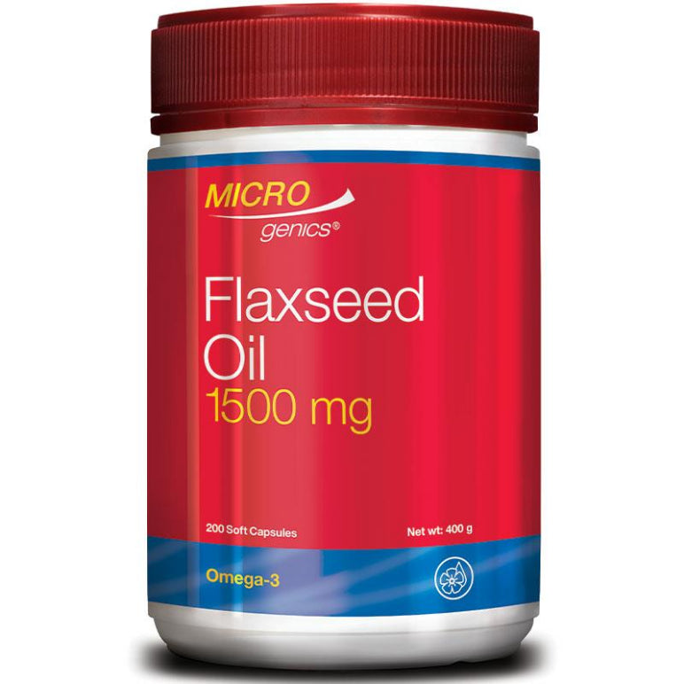 Microgenics Flaxseed Oil 1500mg 200 Capsules front image on Livehealthy HK imported from Australia
