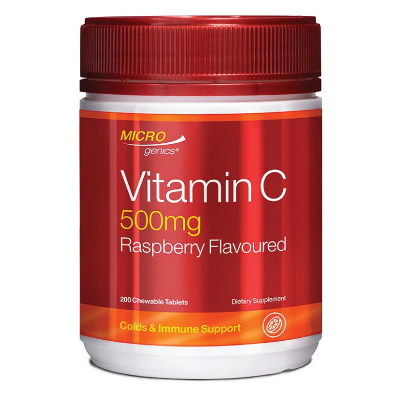 Microgenics Vitamin C 500mg Raspberry Flavoured 200 Tablets front image on Livehealthy HK imported from Australia