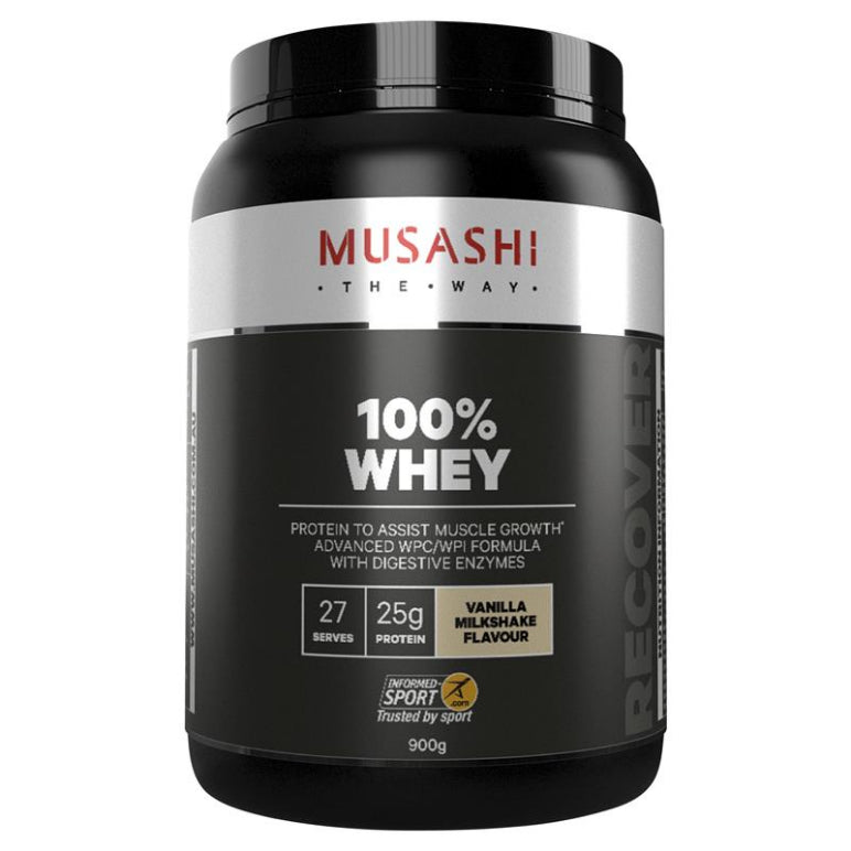 Musashi 100% Whey Vanilla 900g front image on Livehealthy HK imported from Australia