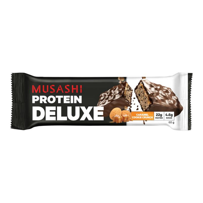 Musashi Deluxe Protein Bar Caramel Cookie Crunch 60g front image on Livehealthy HK imported from Australia