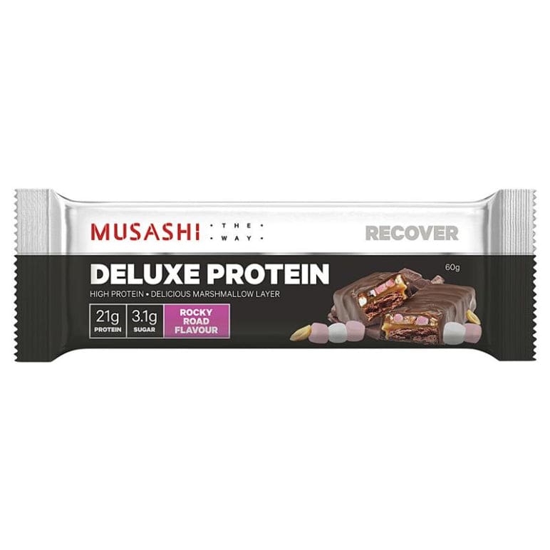 Musashi Deluxe Protein Bar Rocky Road 60g front image on Livehealthy HK imported from Australia