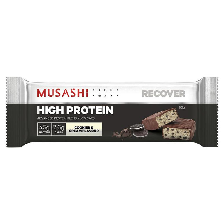 Musashi High Protein Bar Cookies And Cream 90g front image on Livehealthy HK imported from Australia