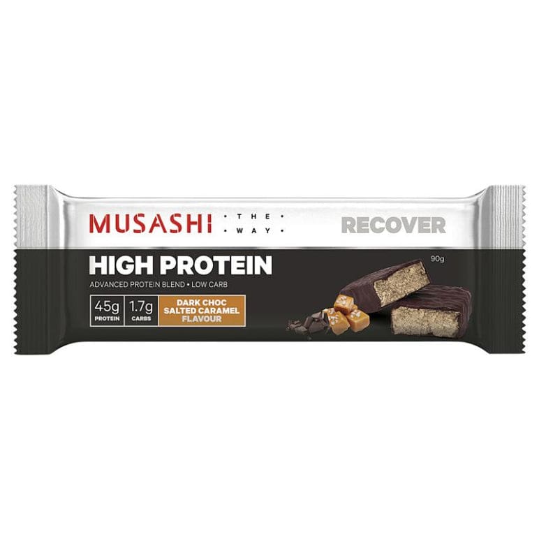 Musashi High Protein Bar Dark Chocolate Salted Caramel 90g front image on Livehealthy HK imported from Australia