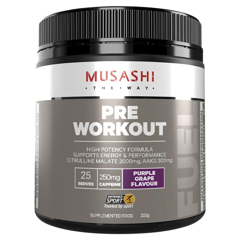 Musashi Pre Workout Purple Grape 225g front image on Livehealthy HK imported from Australia