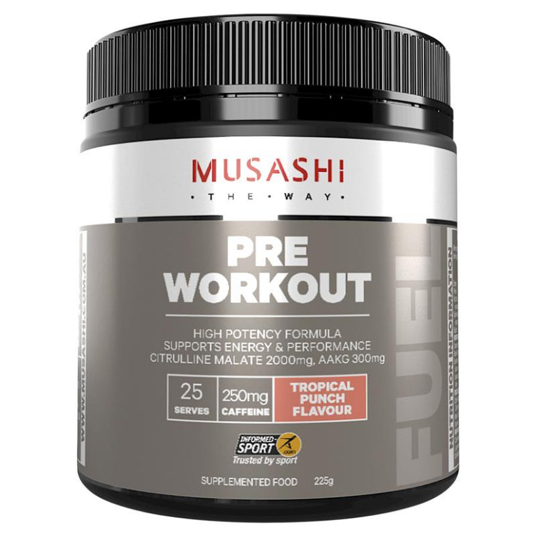 Musashi Pre Workout Tropical Punch 225g front image on Livehealthy HK imported from Australia