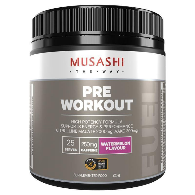 Musashi Pre Workout Watermelon 225g front image on Livehealthy HK imported from Australia