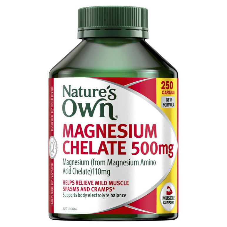 Nature's Own Magnesium Chelate 500mg for Muscle Health 250 Capsules front image on Livehealthy HK imported from Australia