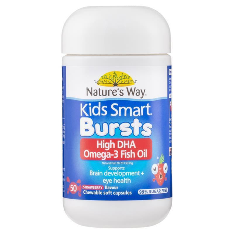 Nature's Way Kids Smart Bursts High DHA Omega-3 Fish Oil Strawberry 50 Capsules For Children front image on Livehealthy HK imported from Australia