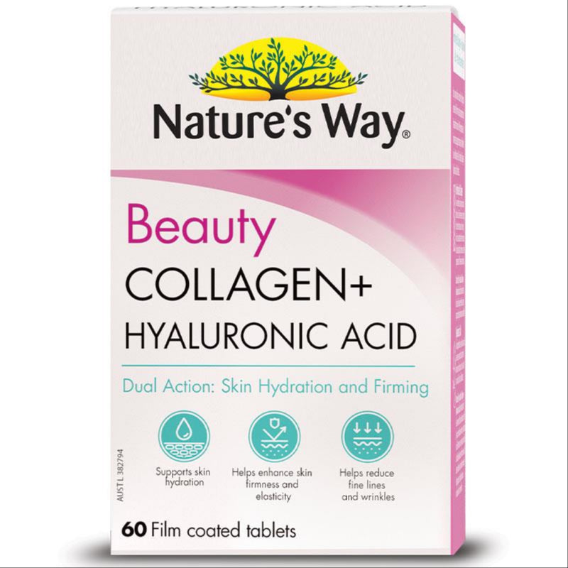 Natures Way Beauty Collagen + Hyaluronic Acid 60 Capsules front image on Livehealthy HK imported from Australia
