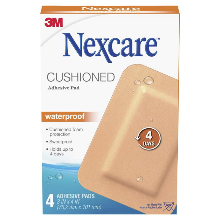 Nexcare Cushioned Waterproof Adhesive Pad 4 Pack front image on Livehealthy HK imported from Australia