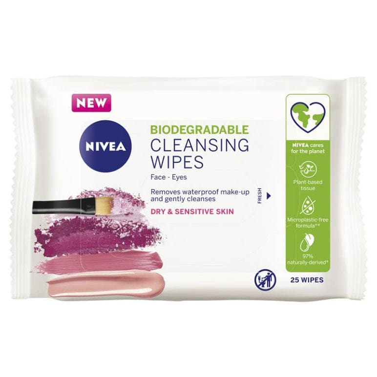 Nivea Daily Essentials Biodegradable Dry and Sensitive Skin Facial Cleansing Wipes 25pk front image on Livehealthy HK imported from Australia