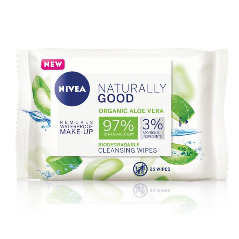 Nivea Naturally Good Biodegradable Organic Aloe Vera Cleansing Wipes 25pk front image on Livehealthy HK imported from Australia