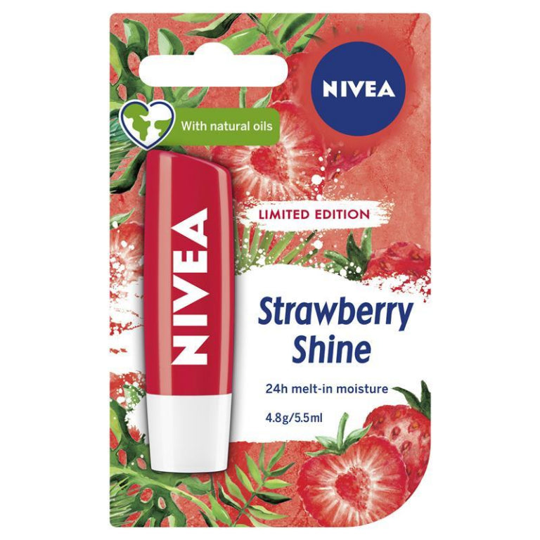 NIVEA Strawberry Shine Limited Edition Lip Balm 4.8g front image on Livehealthy HK imported from Australia