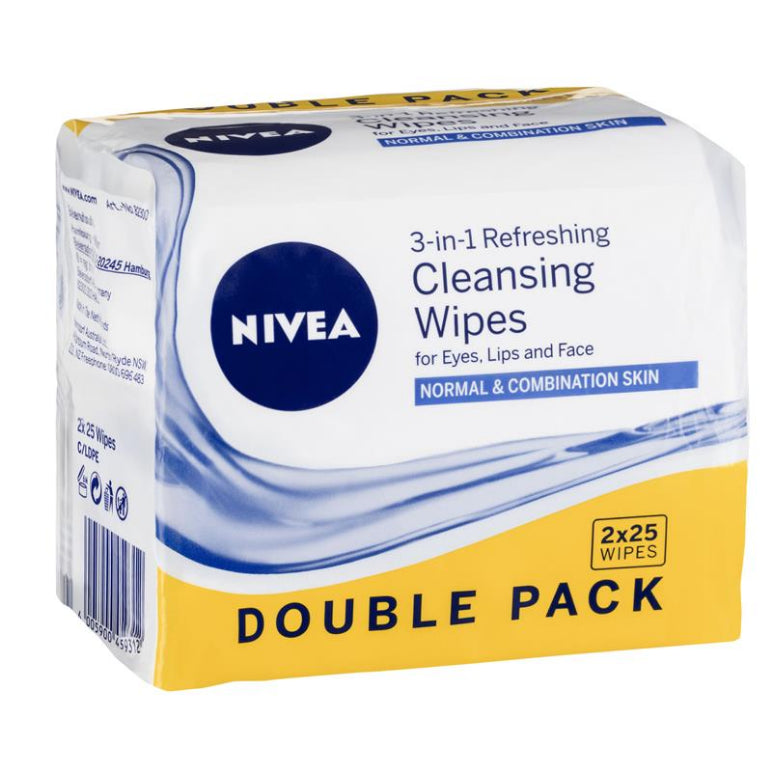 Nivea Visage Daily Essentials Refreshing Facial Wipes 25 Twin Pack front image on Livehealthy HK imported from Australia