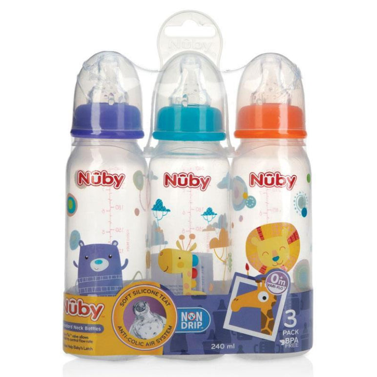 Nuby Printed Non Drip Feeding Bottles 240ml 0+ Months 3 Pack front image on Livehealthy HK imported from Australia