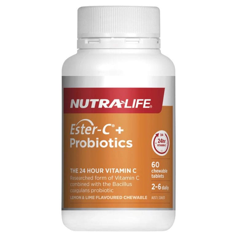 Nutra-Life Ester C + Probiotics Chew 60 Capsules front image on Livehealthy HK imported from Australia