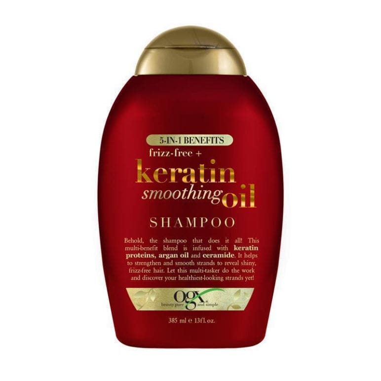 Ogx Frizz Free + Keratin Smoothing Oil 5 in 1 Benefits Shampoo For Frizzy Hair 385mL front image on Livehealthy HK imported from Australia