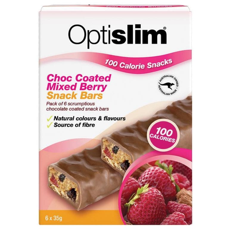 Optislim 100 Calorie Snack Choc Coated Mixed Berry Bars 6 x35g front image on Livehealthy HK imported from Australia