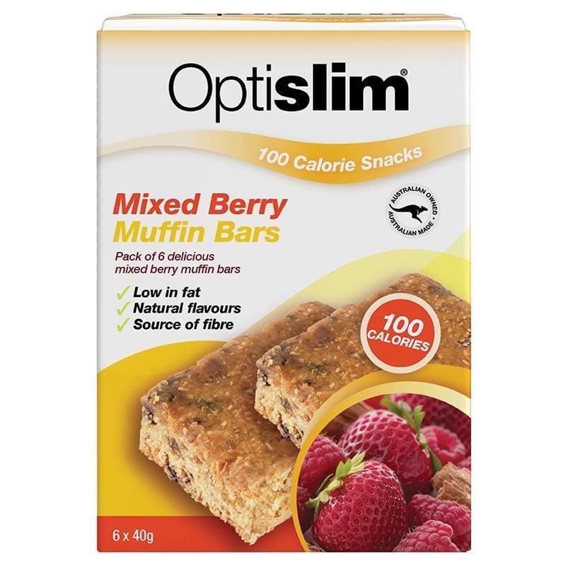 Optislim 100 Calorie Snack Mixed Berry Muffin Bars 6 x 40g front image on Livehealthy HK imported from Australia