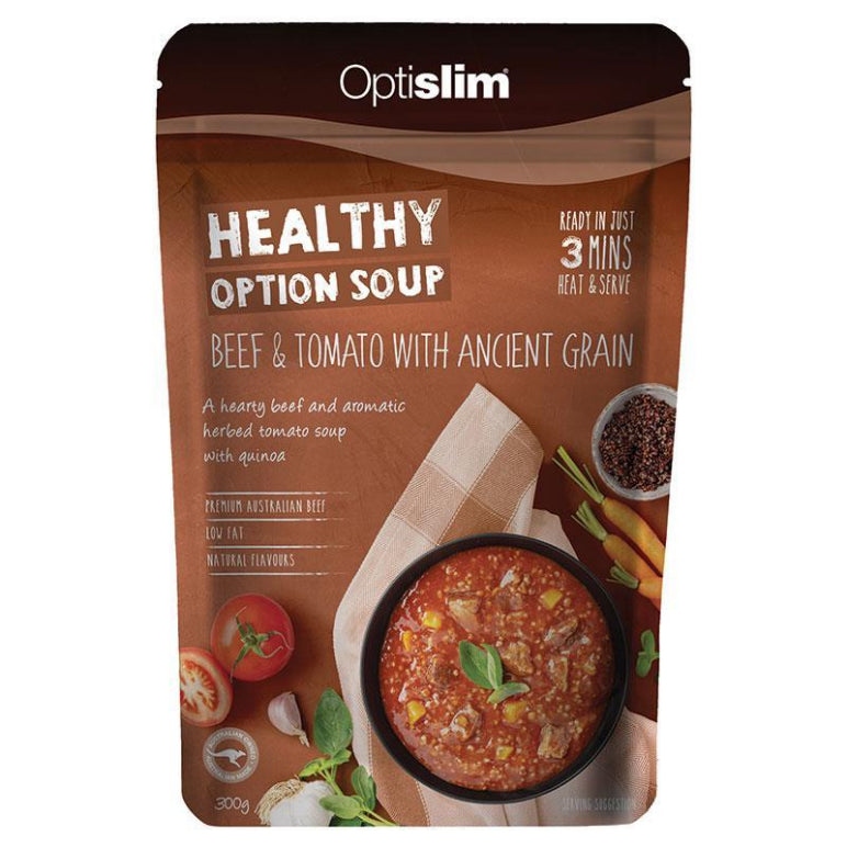 Optislim Healthy Option Soup Beef & Tomato with Ancient Grain 300g front image on Livehealthy HK imported from Australia