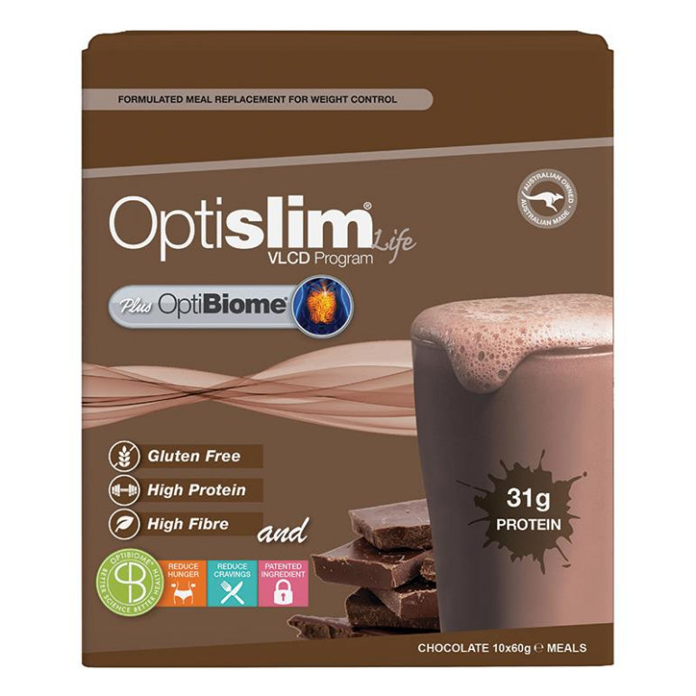 Optislim Life Optibiome Shake Chocolate 10x60g front image on Livehealthy HK imported from Australia