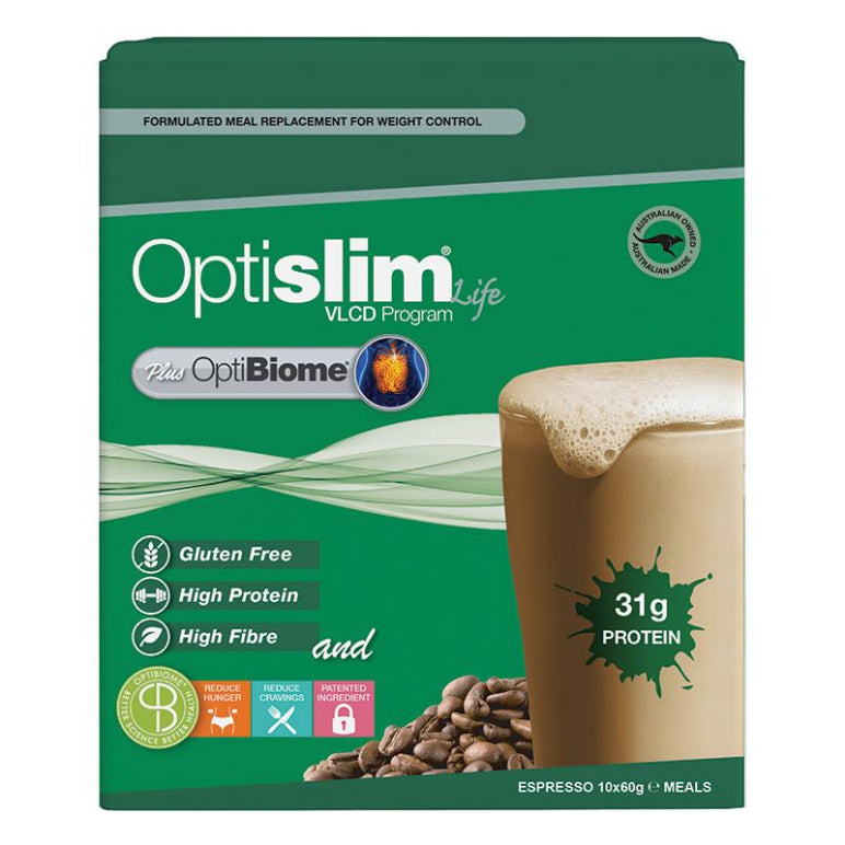 Optislim Life Optibiome Shake Espresso 10x60g front image on Livehealthy HK imported from Australia