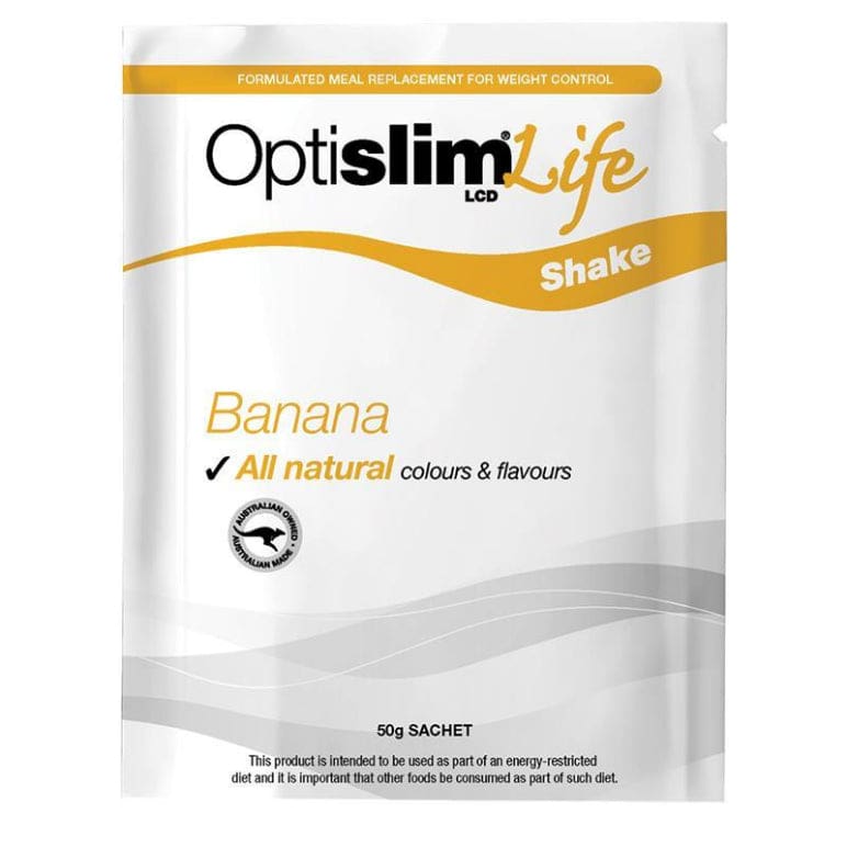 OptiSlim Life Shake Banana 50g Sachet front image on Livehealthy HK imported from Australia
