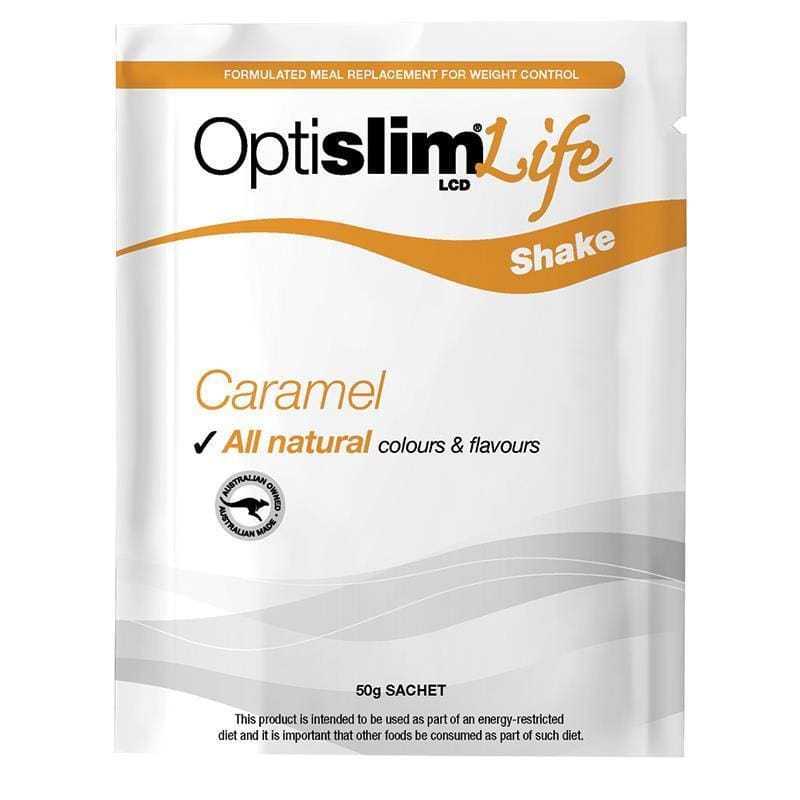 OptiSlim Life Shake Caramel 50g Sachet front image on Livehealthy HK imported from Australia