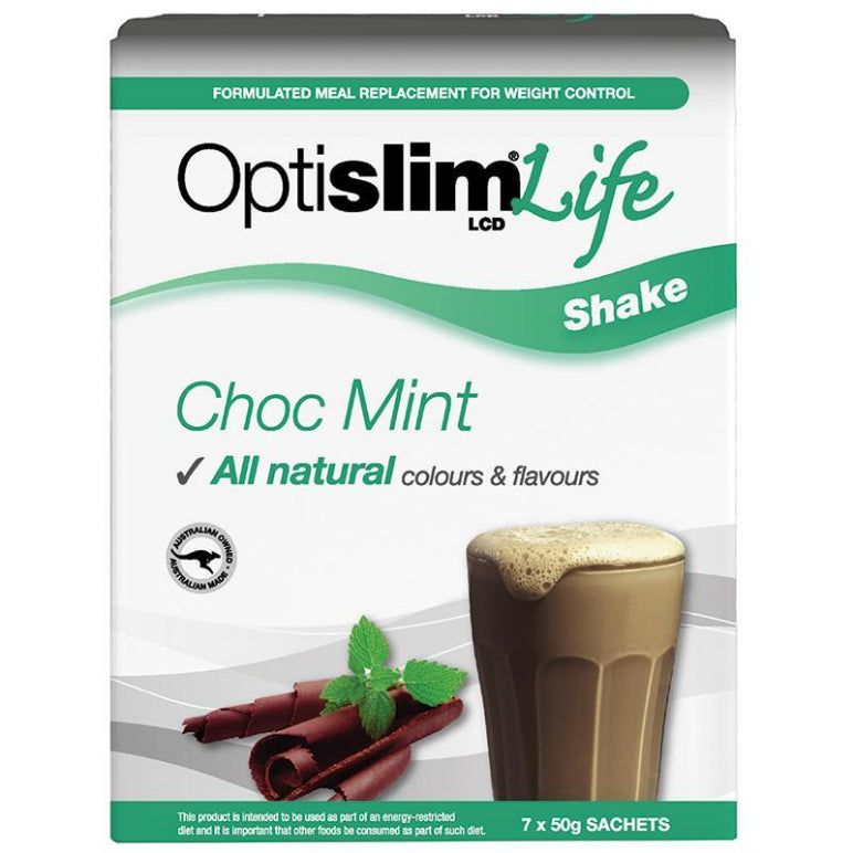 OptiSlim Life Shake Choc Mint 50g x 7 front image on Livehealthy HK imported from Australia