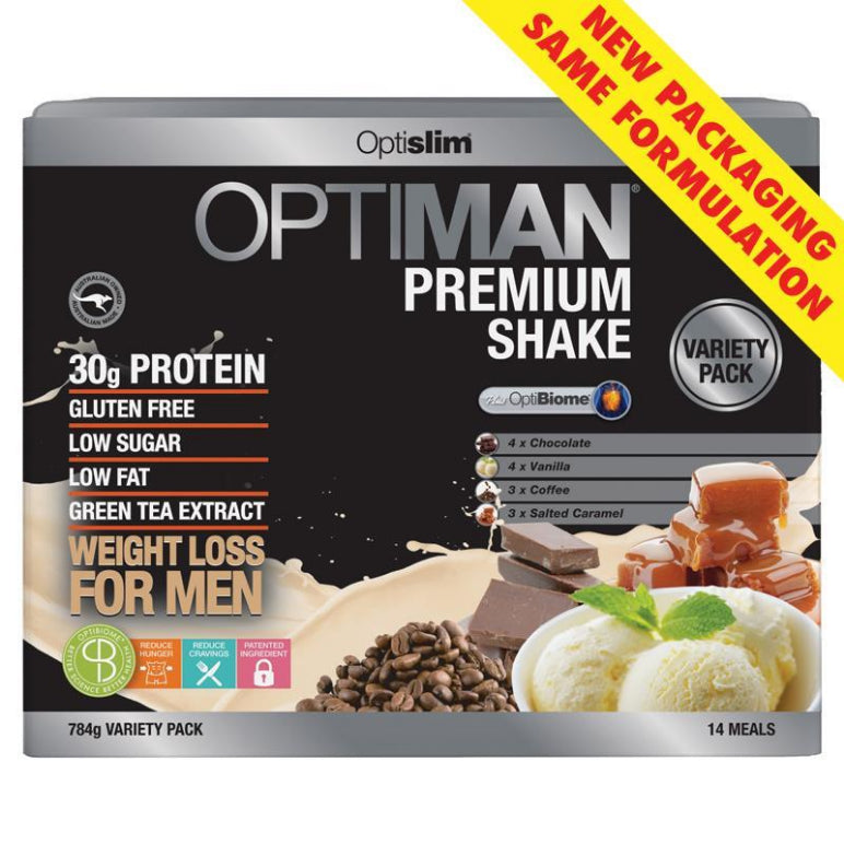 Optislim Optiman Premium Shake Variety Pack 14 x 56g front image on Livehealthy HK imported from Australia