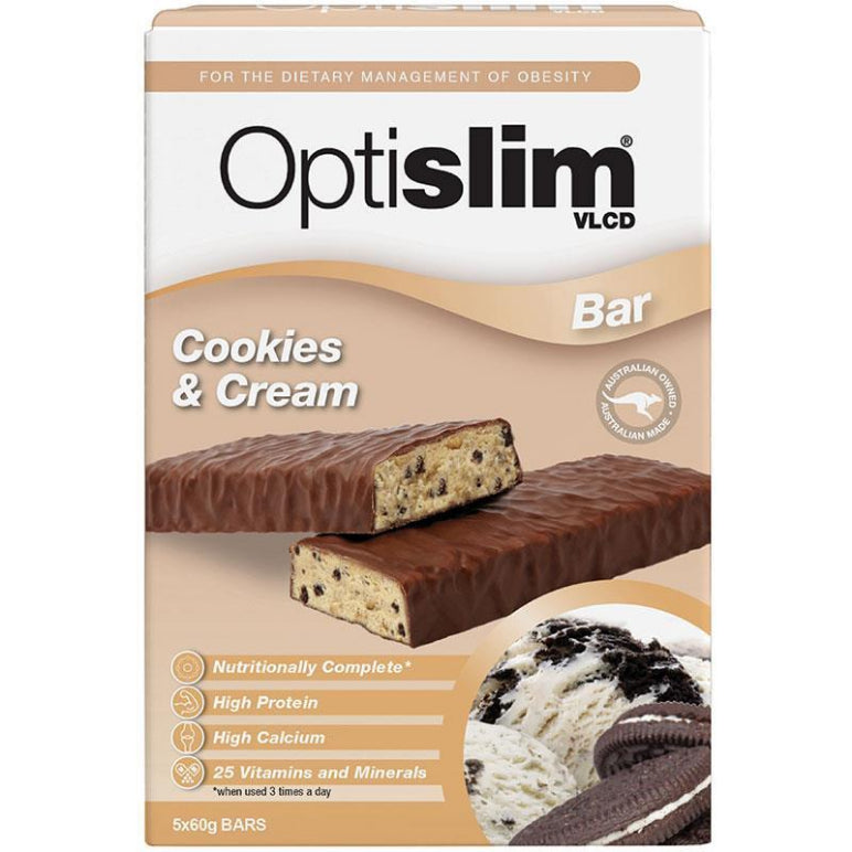 Optislim VLCD Bar Cookies and Cream Bars 5 Pack front image on Livehealthy HK imported from Australia