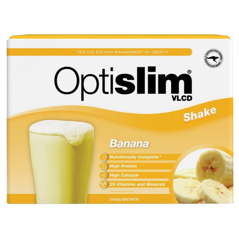 Optislim VLCD Meal Replacement Shake Banana 21x43g Sachets front image on Livehealthy HK imported from Australia