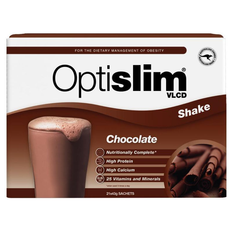 Optislim VLCD Meal Replacement Shake Chocolate 21x43g Sachets front image on Livehealthy HK imported from Australia