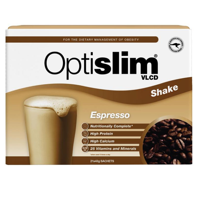 Optislim VLCD Meal Replacement Shake Espresso 21x43g Sachets front image on Livehealthy HK imported from Australia