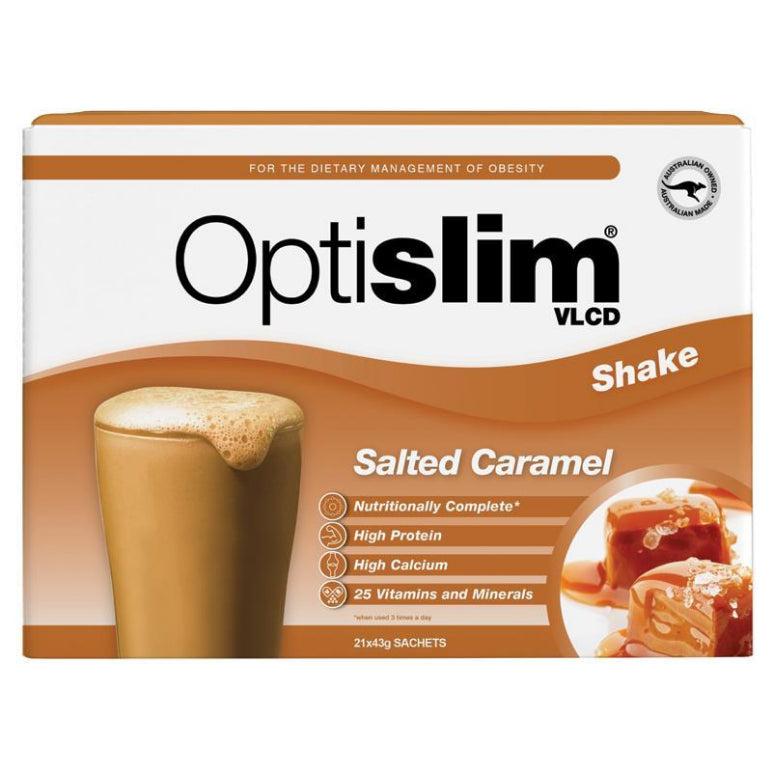 Optislim VLCD Meal Replacement Shake Salted Caramel 21x43g Sachets front image on Livehealthy HK imported from Australia
