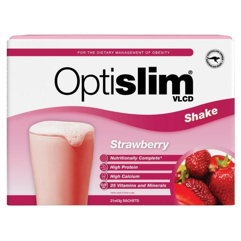 Optislim VLCD Meal Replacement Shake Strawberry 21x43g Sachets front image on Livehealthy HK imported from Australia