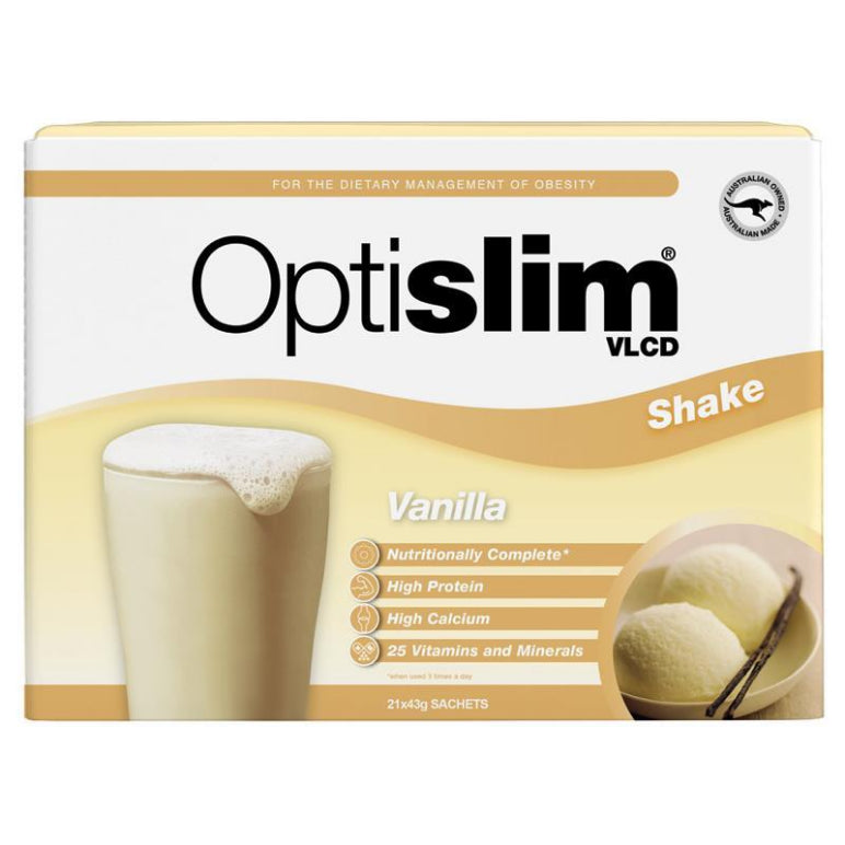 Optislim VLCD Meal Replacement Shake Vanilla 21x43g Sachets front image on Livehealthy HK imported from Australia