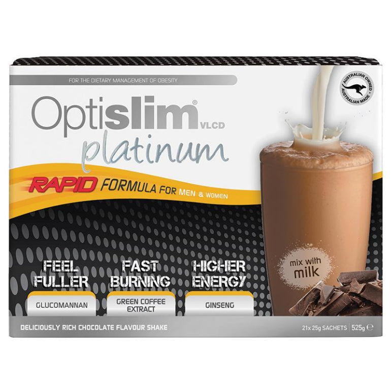 Optislim VLCD Platinum Chocolate Shake 21x25g Sachets front image on Livehealthy HK imported from Australia