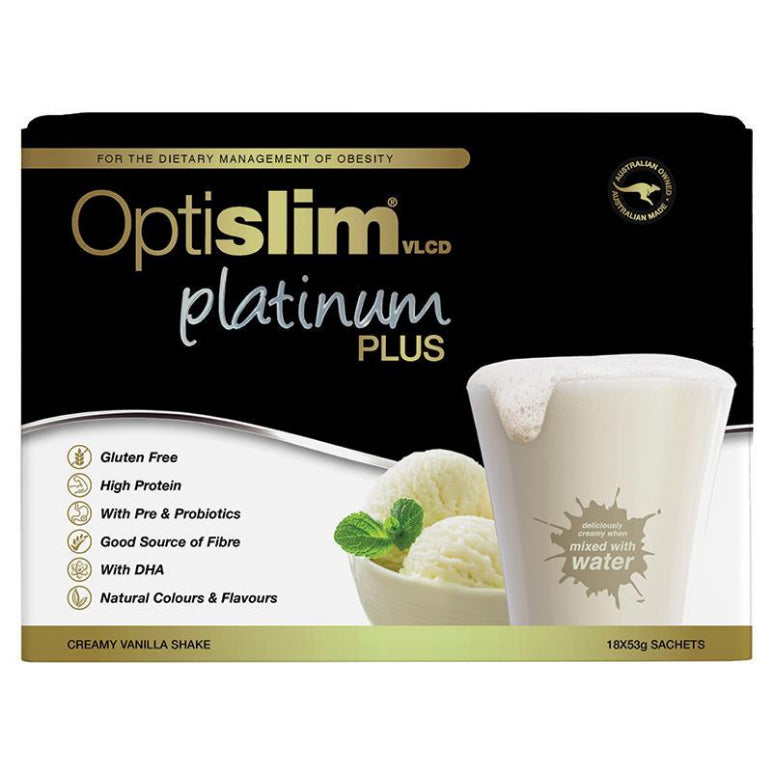 Optislim VLCD Platinum PLUS Vanilla 18x53g front image on Livehealthy HK imported from Australia