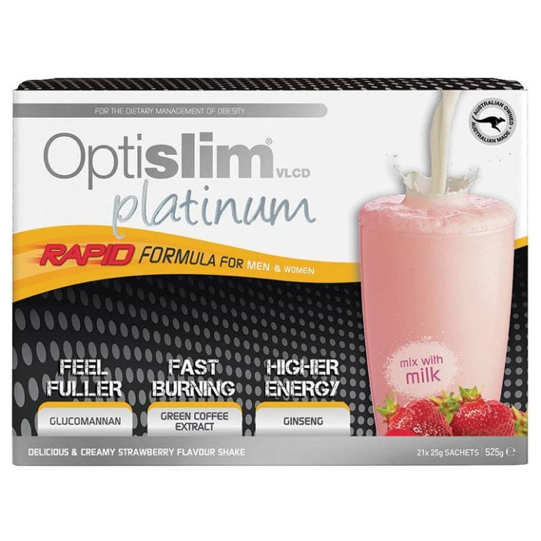 Optislim VLCD Platinum Strawberry Shake 21x25g Sachets front image on Livehealthy HK imported from Australia