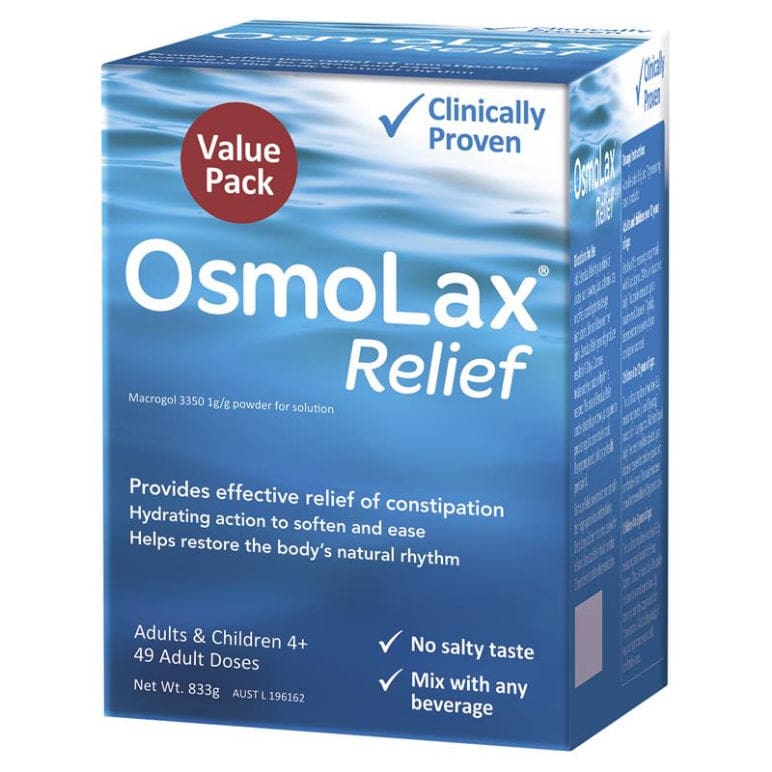 OsmoLax Relief Laxative Powder 49 Dose 833g - Macrogol Constipation Relief with No Salty Taste, Flavour Free & Salt Free front image on Livehealthy HK imported from Australia