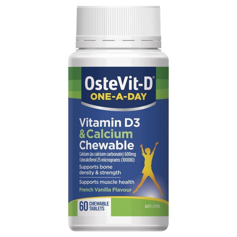 OsteVit-D One-A-Day Vitamin D3 & Calcium Chewable – 1000IU Vitamin D3 & 600mg Calcium to support Bone Density & Strength – 60 Chewable Tablets front image on Livehealthy HK imported from Australia