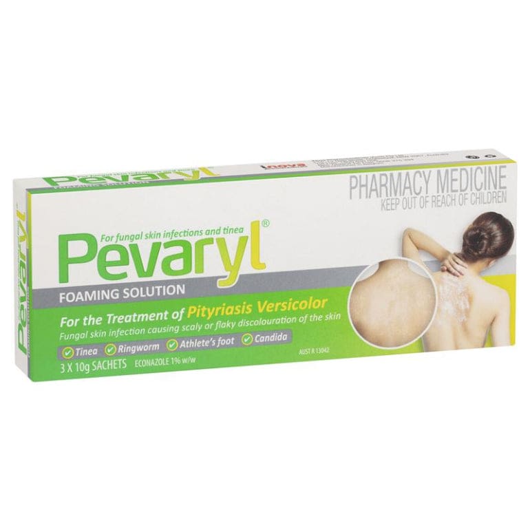 Pevaryl Foaming Solution 1% 3x10g Sachets front image on Livehealthy HK imported from Australia
