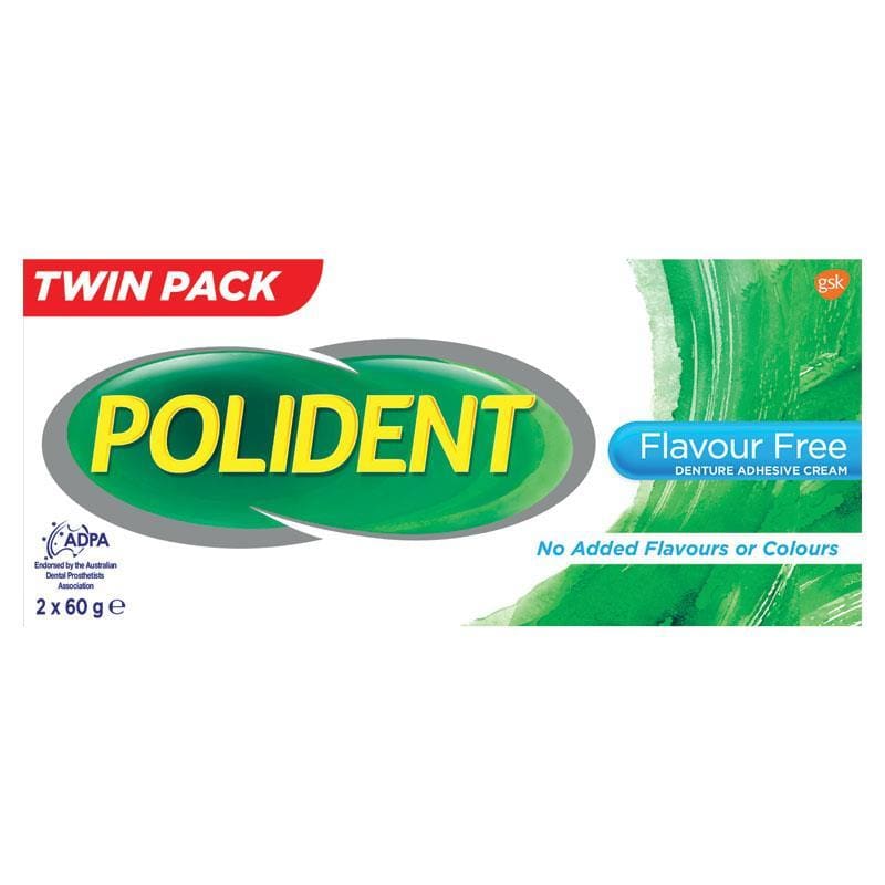 Polident Denture Adhesive Cream Flavour Free 2X60g Pack front image on Livehealthy HK imported from Australia