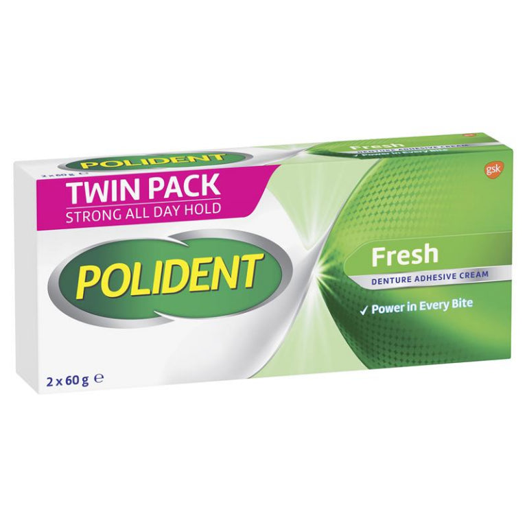 Polident Denture Adhesive Cream Fresh Mint 2x60g Pack front image on Livehealthy HK imported from Australia
