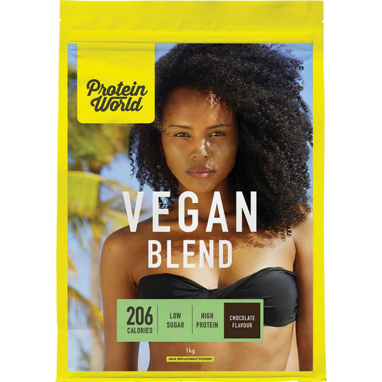 Protein World Vegan Blend Chocolate Pouch 1kg front image on Livehealthy HK imported from Australia