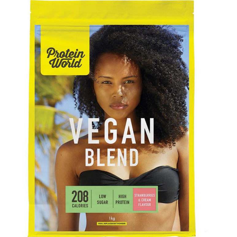 Protein World Vegan Blend Strawberries & Cream Pouch 1kg front image on Livehealthy HK imported from Australia