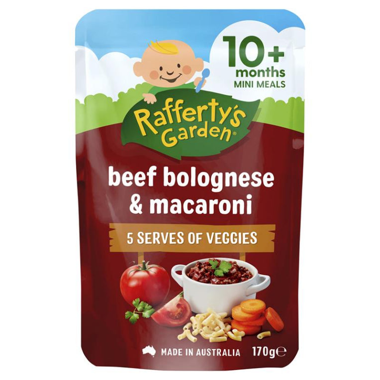 Raffertys Garden 10+ Months Bolognese with Macaroni 170g front image on Livehealthy HK imported from Australia
